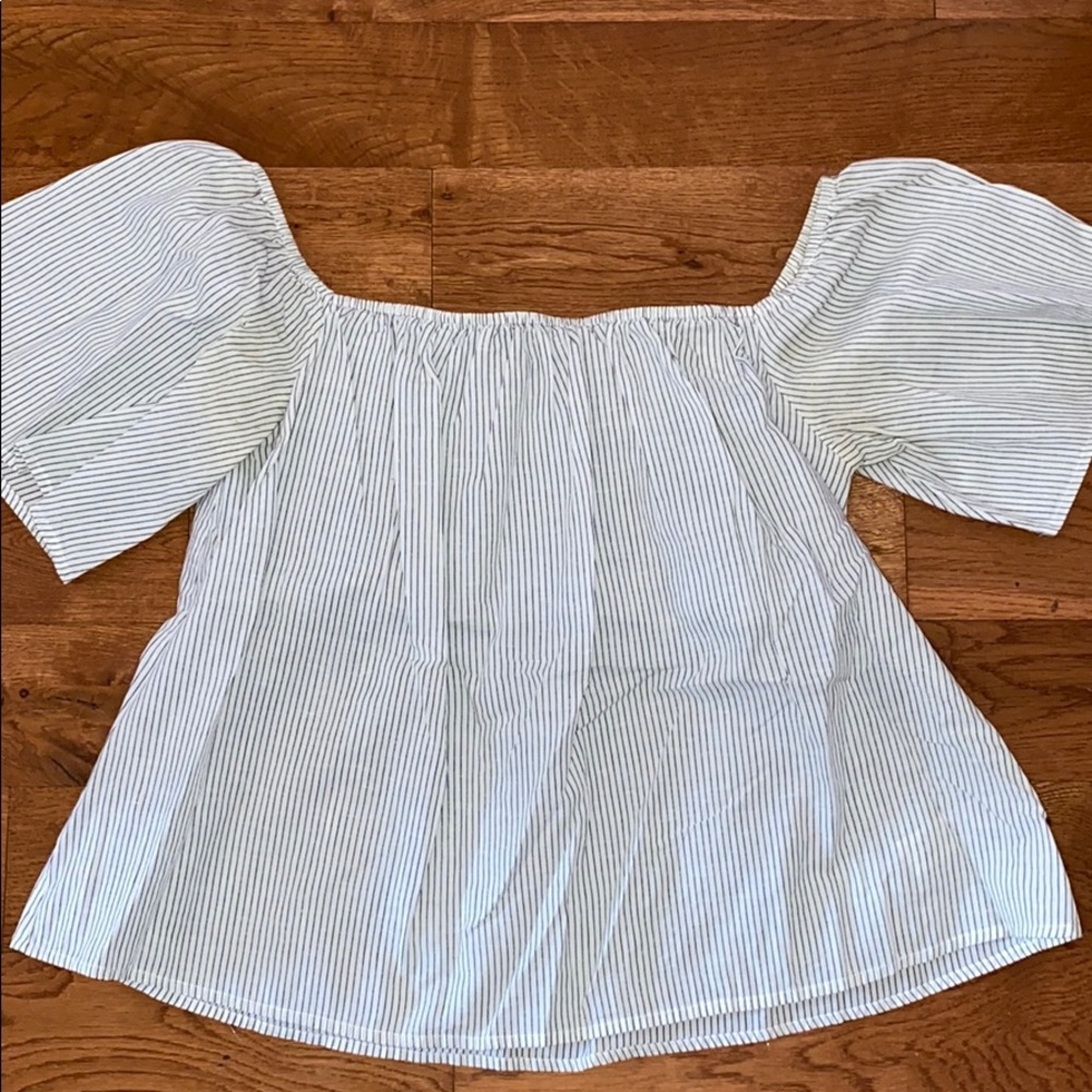 Pin/pencil striped top off the shoulder